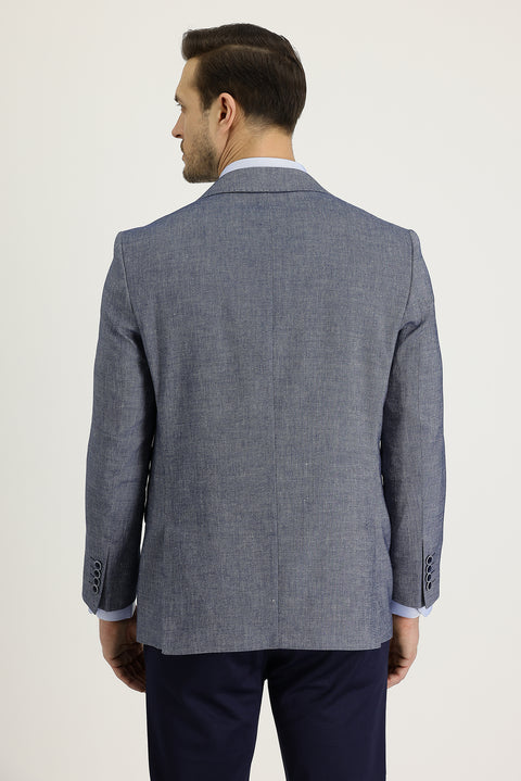 Koyu Lacivert 4 Drop Relaxed Fit Rahat Kesim Klasik Desenli Keten Ceket
