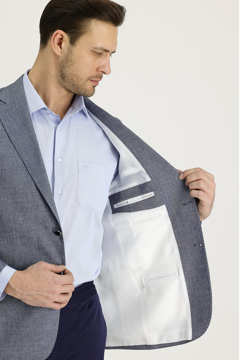 Koyu Lacivert 4 Drop Relaxed Fit Rahat Kesim Klasik Desenli Keten Ceket