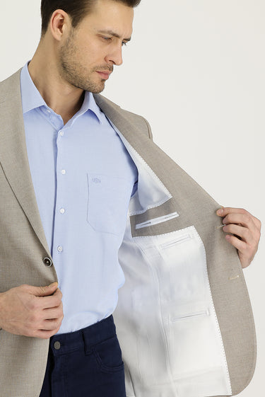 Orta Bej Relaxed Fit Rahat Kesim Klasik Desenli Keten Ceket