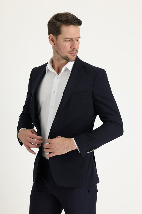 Koyu Lacivert 6 Drop Regular Fit Standart Kesim Yünlü Likralı Esnek Blazer Ceket