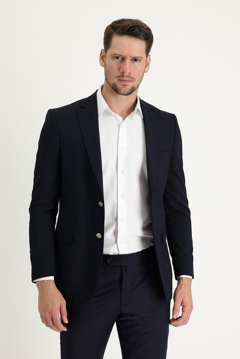 Koyu Lacivert 7 Drop Slim Fit Dar Kesim Yünlü Likralı Esnek Blazer Ceket