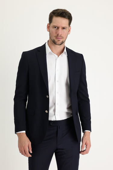  Koyu Lacivert Slim Fit Dar Kesim Yünlü Blazer Ceket