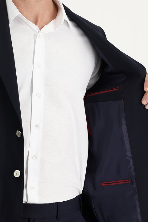 Koyu Lacivert 6 Drop Regular Fit Standart Kesim Yünlü Likralı Esnek Blazer Ceket