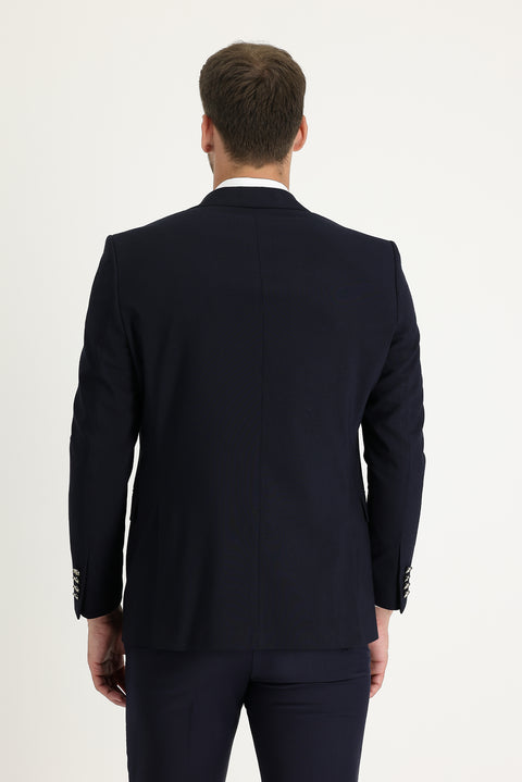 Koyu Lacivert 6 Drop Regular Fit Standart Kesim Yünlü Likralı Esnek Blazer Ceket