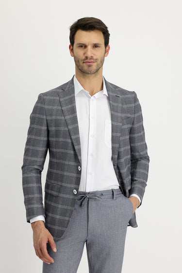 Orta Lacivert Regular Fit Ekose Ceket
