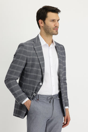 Orta Lacivert Regular Fit Ekose Ceket