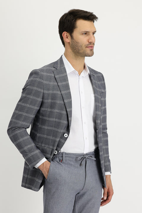 Orta Lacivert 6 Drop Regular Fit Standart Kesim Ekose Ceket