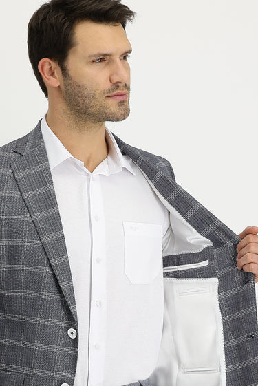 Orta Lacivert Regular Fit Ekose Ceket