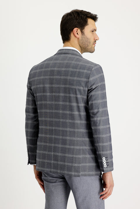 Orta Lacivert 6 Drop Regular Fit Standart Kesim Ekose Ceket