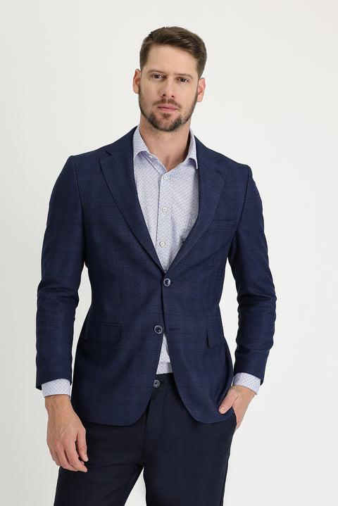 Koyu Lacivert 4 Drop Relaxed Fit Rahat Kesim Ekose Ceket