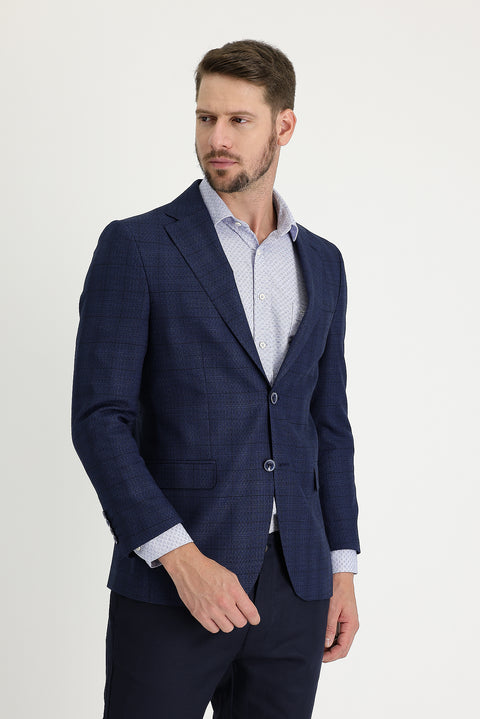 Koyu Lacivert 4 Drop Relaxed Fit Rahat Kesim Ekose Ceket