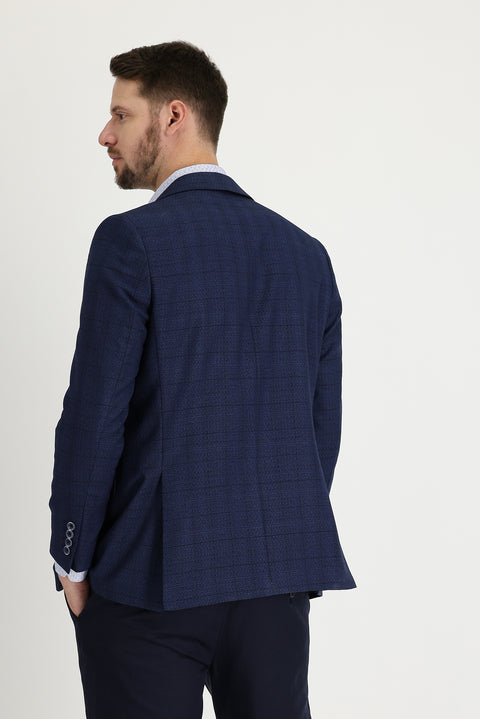 Koyu Lacivert 4 Drop Relaxed Fit Rahat Kesim Ekose Ceket