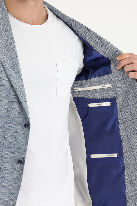 Koyu Mavi  6 Drop Regular Fit Standart Kesim Ekose Ceket