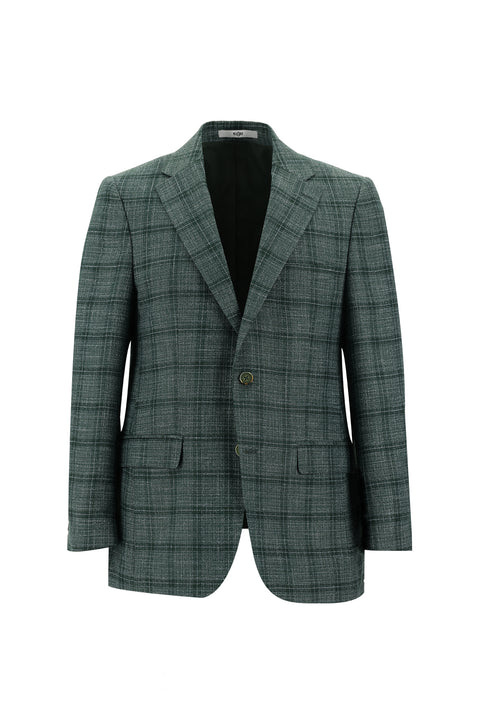 Koyu Yeşil 4 Drop Relaxed Fit Rahat Kesim Ekose Keten Karışımlı Ceket