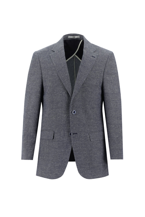 Koyu Lacivert 4 Drop Relaxed Fit Rahat Kesim Klasik Desenli Keten Karışımlı Ceket