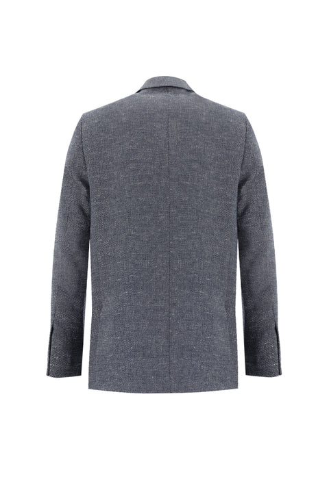 Koyu Lacivert 4 Drop Relaxed Fit Rahat Kesim Klasik Desenli Keten Karışımlı Ceket