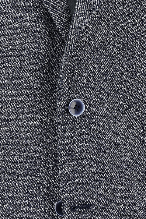 Koyu Lacivert 4 Drop Relaxed Fit Rahat Kesim Klasik Desenli Keten Karışımlı Ceket