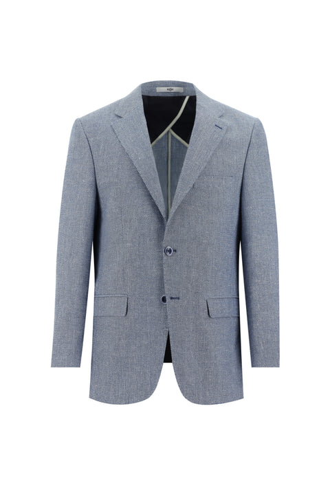 Havacı Mavi 4 Drop Relaxed Fit Rahat Kesim Klasik Desenli Keten Karışımlı Ceket