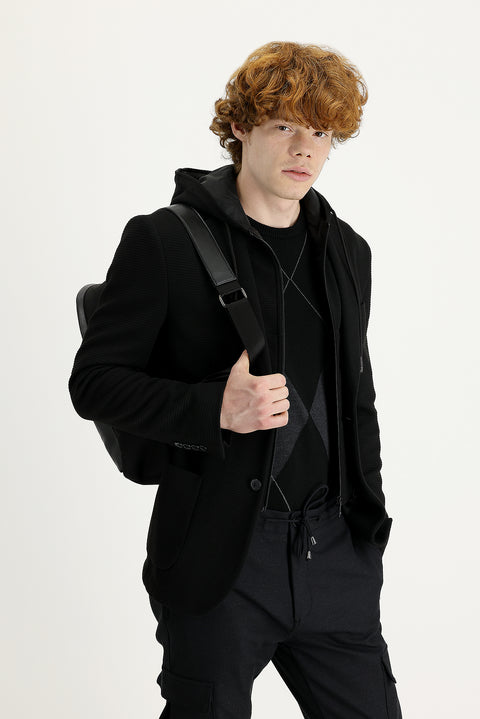 Siyah 7 Drop Super Slim Fit Eksra Dar Kesim Fit Kapüşonlu Kuşgözü Spor Ceket