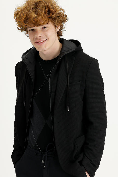 Siyah 7 Drop Super Slim Fit Eksra Dar Kesim Fit Kapüşonlu Kuşgözü Spor Ceket