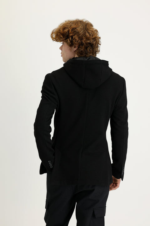 Siyah 7 Drop Super Slim Fit Eksra Dar Kesim Fit Kapüşonlu Kuşgözü Spor Ceket