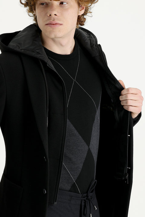 Siyah 7 Drop Super Slim Fit Eksra Dar Kesim Fit Kapüşonlu Kuşgözü Spor Ceket