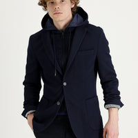 Koyu Lacivert 7 Drop Super Slim Fit Eksra Dar Kesim Kapüşonlu Kuşgözü Spor Ceket