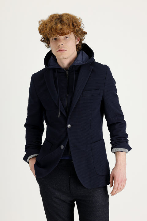 Koyu Lacivert 7 Drop Super Slim Fit Eksra Dar Kesim Kapüşonlu Kuşgözü Spor Ceket
