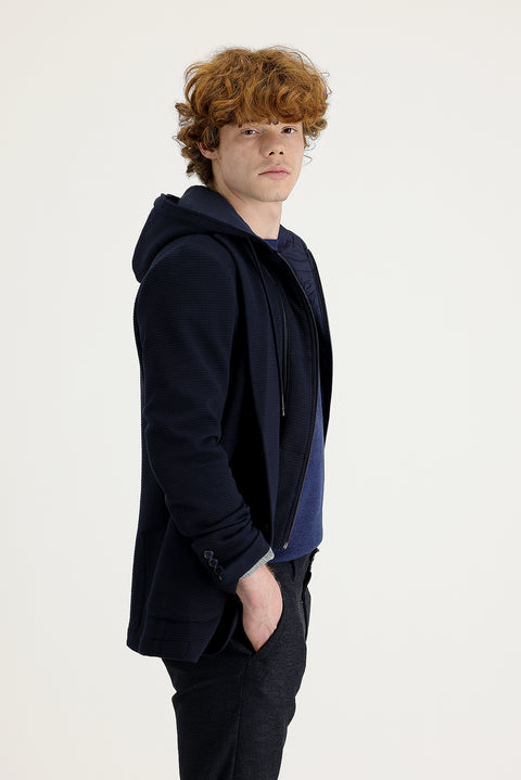 Koyu Lacivert 7 Drop Super Slim Fit Eksra Dar Kesim Kapüşonlu Kuşgözü Spor Ceket