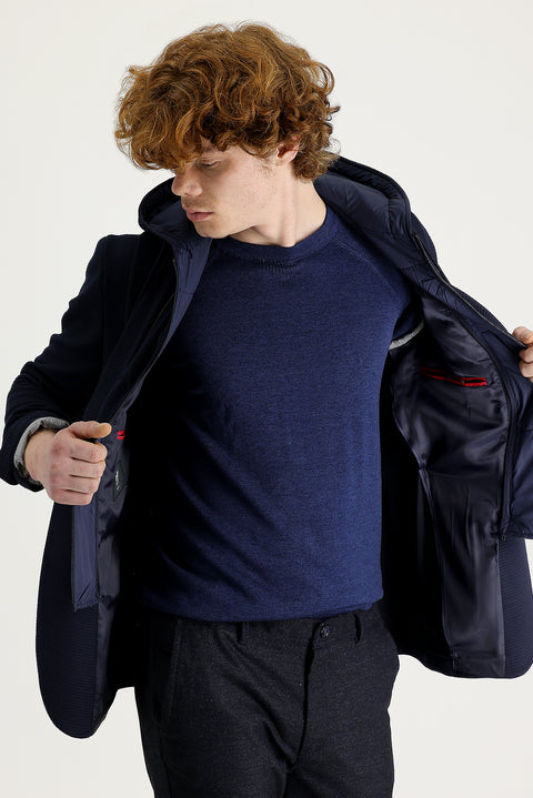 Koyu Lacivert 7 Drop Super Slim Fit Eksra Dar Kesim Kapüşonlu Kuşgözü Spor Ceket