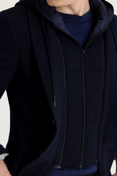 Koyu Lacivert 7 Drop Super Slim Fit Eksra Dar Kesim Kapüşonlu Kuşgözü Spor Ceket