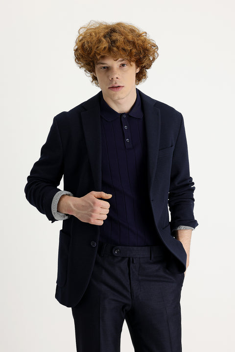 Koyu Lacivert 7 Drop Super Slim Fit Eksra Dar Kesim Kuşgözü Spor Ceket