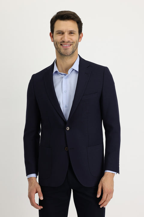 Dark Navy 6 Drop Regular Fit Patterned Wool Jacket