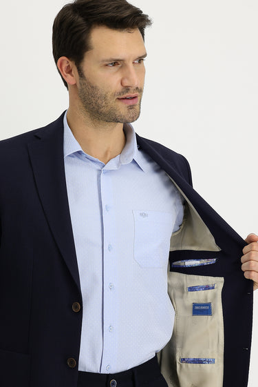 Koyu Lacivert Relaxed Fit Rahat Kesim Desenli Yünlü Ceket