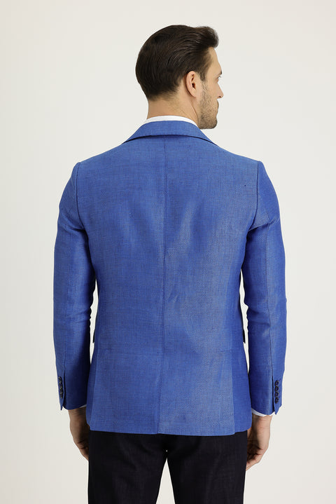 Açık Mavi 6 Drop Regular Fit Standart Kesim Klasik Desenli Keten Ceket