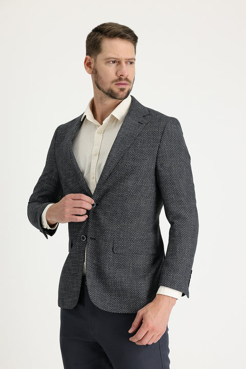 Siyah 6 Drop Regular Fit Standart Kesim Desenli Klasik Ceket