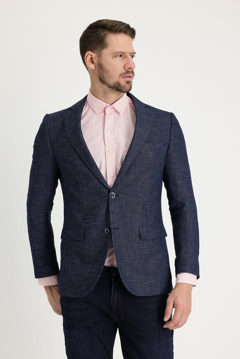 Orta Lacivert 4 Drop Relaxed Fit Rahat Kesim Desenli Klasik Ceket