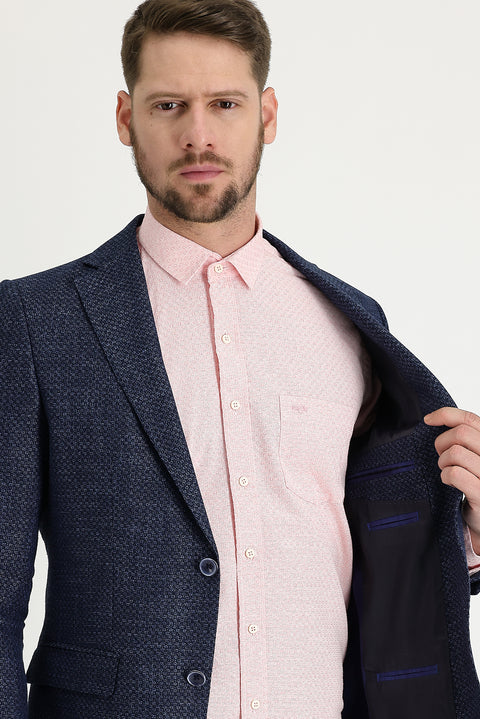 Medium Navy 6 Drop Regular Fit Standard Cut Patterned Linen Blend Jacket