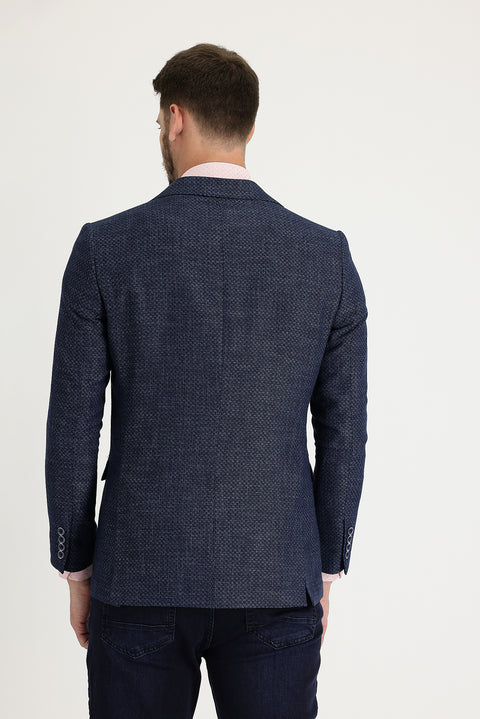 Orta Lacivert 4 Drop Relaxed Fit Rahat Kesim Desenli Klasik Ceket