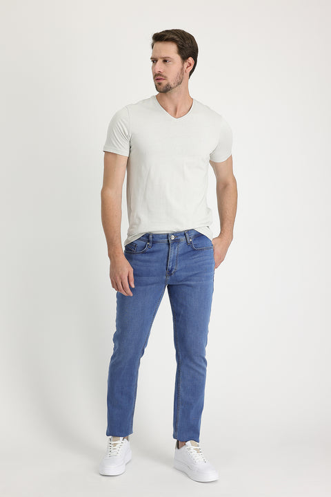 Light Blue Regular Fit Standard Cut Lycra Denim Pants