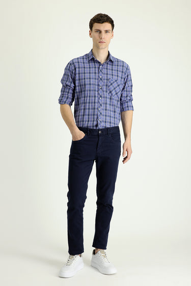 Orta Lacivert Slim Fit Dar Kesim Likralı Kanvas / Chino Pantolon