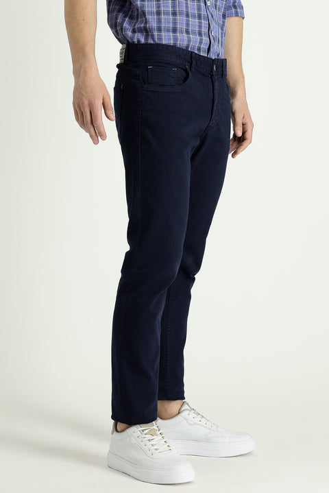 Orta Lacivert 7 Drop Slim Fit Dar Kesim Likralı Kanvas / Chino Pantolon