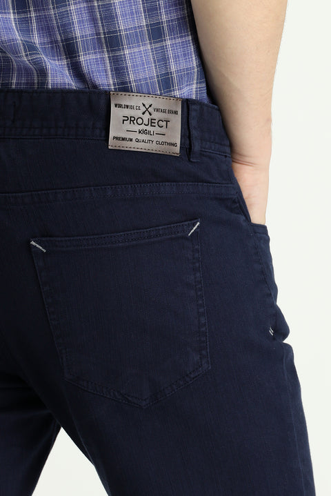 Orta Lacivert 7 Drop Slim Fit Dar Kesim Likralı Kanvas / Chino Pantolon