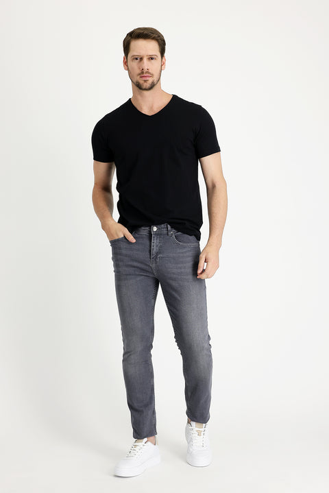 Orta Gri Slim Fit Dar Kesim Likralı Denim Pantolon