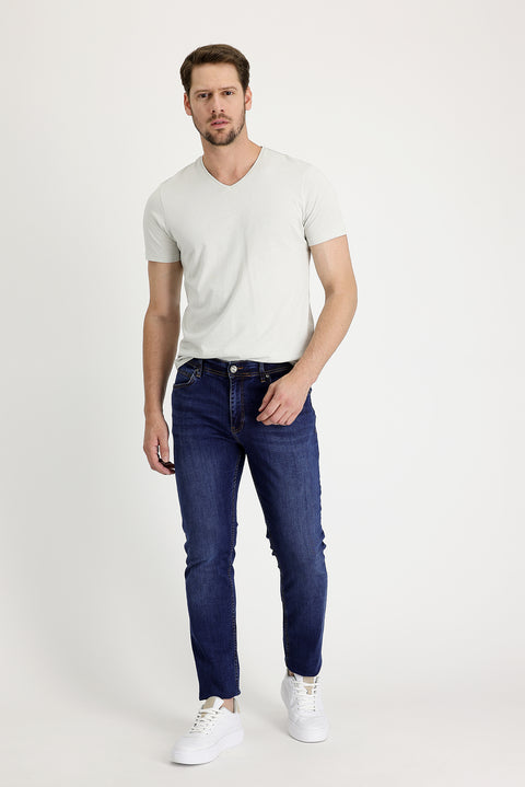 Mid-Dark Blue Regular Fit Standard Cut Lycra Denim Pants