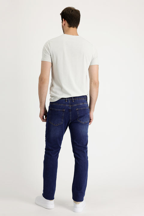 Orta Lacivert Slim Fit Dar Kesim Likralı Denim Pantolon