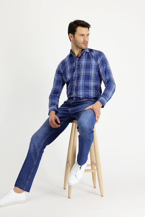 Orta Lacivert 6 Drop Regular Fit Standart Kesim Likralı Denim Pantolon