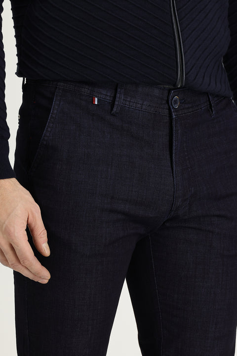 Orta Lacivert Slim Fit Dar Kesim Likralı Denim Look Pantolon