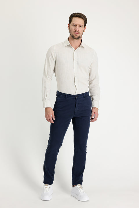 Orta Lacivert Regular Fit Standart Kesim Likralı Kanvas / Chino Pantolon