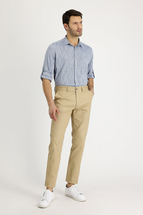 Koyu Bej Regular Fit Standart Kesim Likralı Kanvas / Chino Pantolon